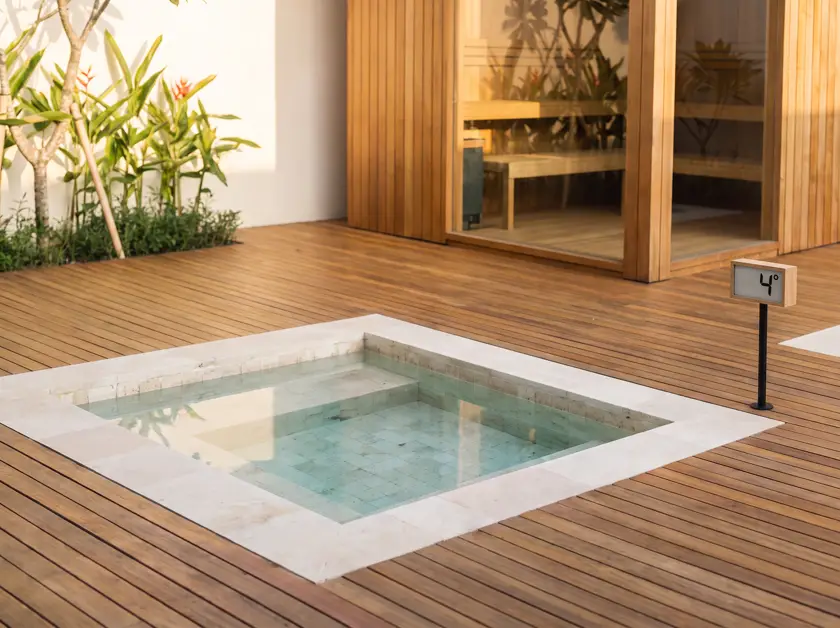 Tiled cold plunge pool with clear still water and temperature display showing 5 degrees