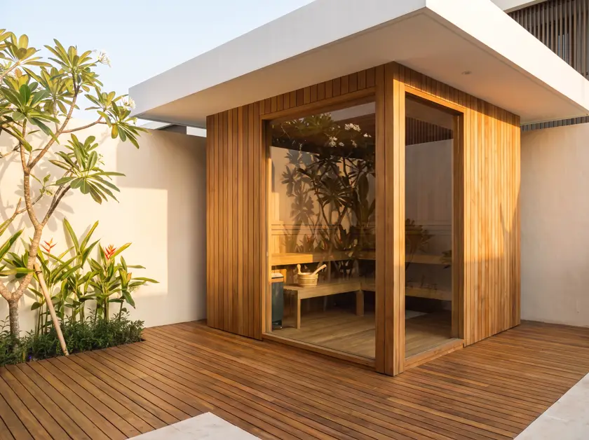 Glass-corner sauna with cedar interior and stone heater in a Bali villa garden