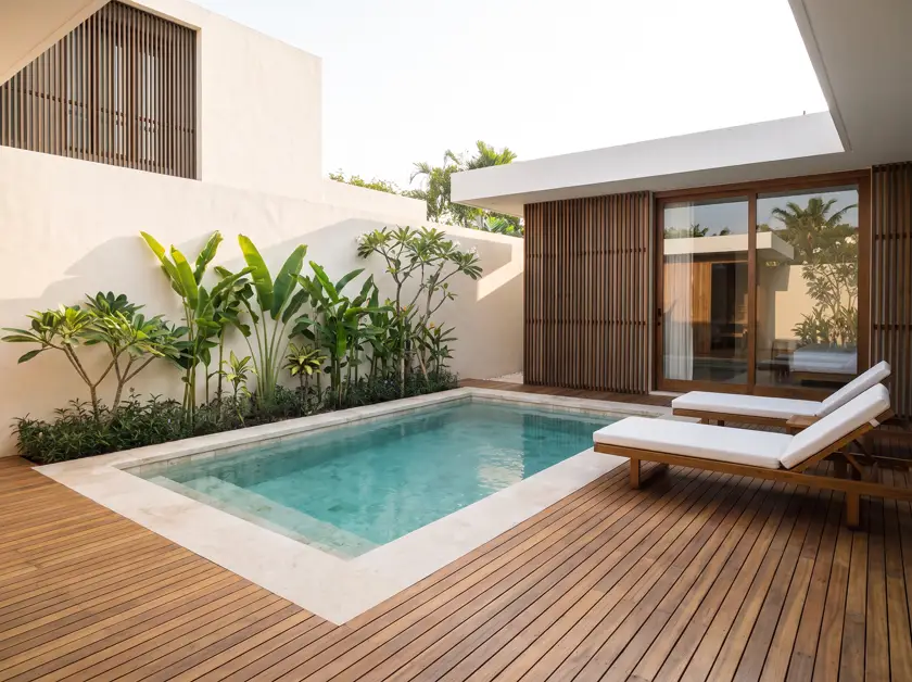 Private backyard pool of a wellness villa in Seseh with teak deck