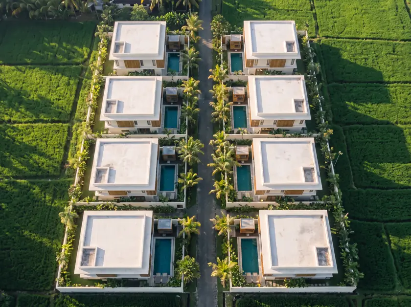 Top-down masterplan view of the 8-villa Wellness Villas Bali complex in Seseh