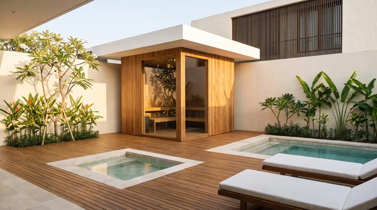 Wellness yard of a villa in Seseh: pool, glass-corner sauna and cold plunge