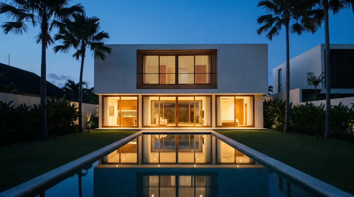 Wellness villa in Seseh at dusk with lit facade and plunge pool
