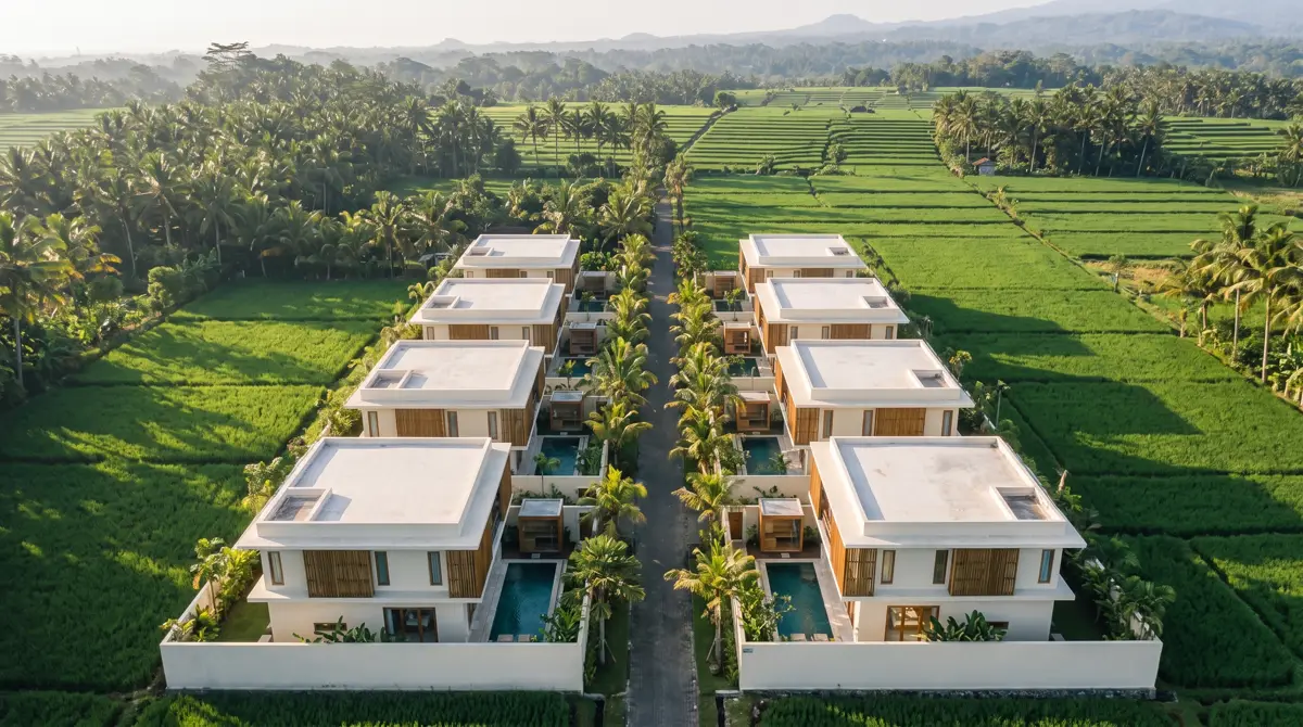 Aerial view of the Wellness Villas Bali complex of 8 villas among rice fields in Seseh, Bali